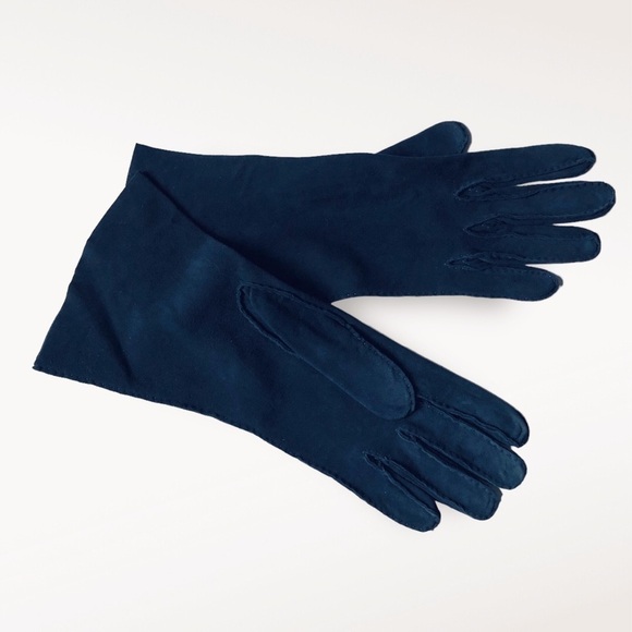 Vintage 70s Bloomingdale's Suede Gloves Navy Small - Picture 2 of 11